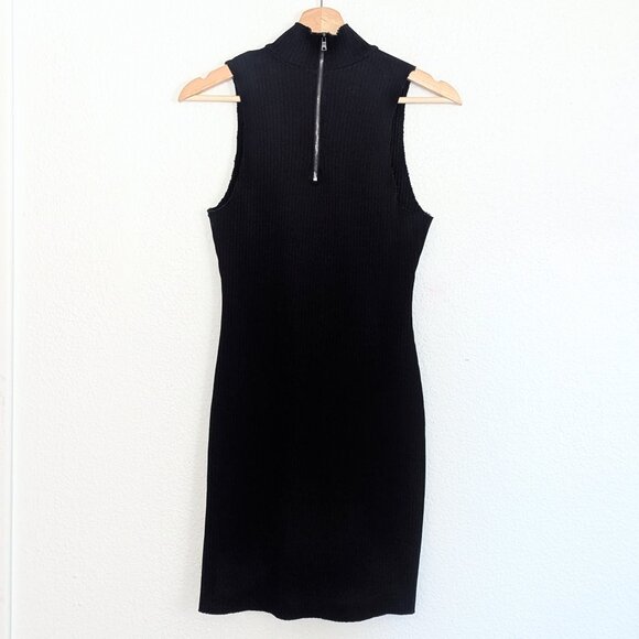 COTTON CITIZEN Dress Ribbed Bodycon Sleeveless Midi Zip Front Sz L Black Stretch - Picture 1 of 12